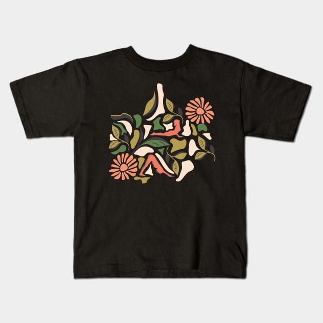 Sun Salutation- Gratitude Yoga in a Flower Garden Kids T-Shirt by Winkeltriple